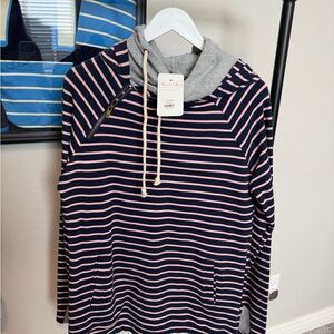 AMPERSAND AVE Navy and Pink Striped Double Hoodie